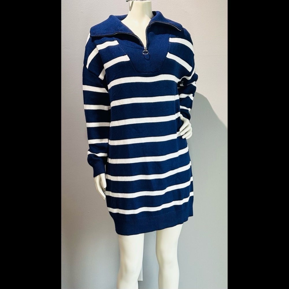 Navy & White Striped Long Sleeve Zip-Front Sweater Dress